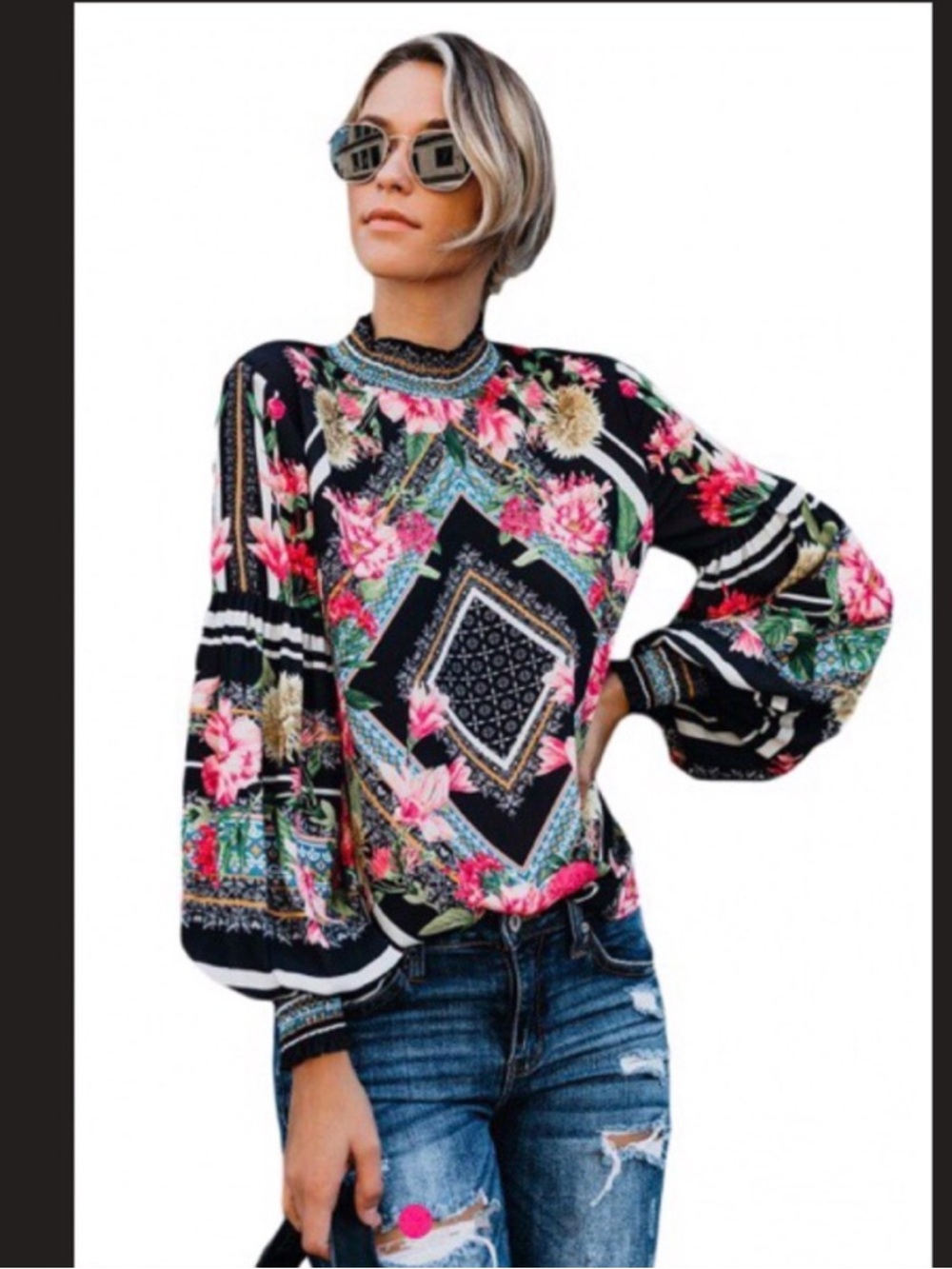 Floral Printed Balloon Sleeve Blouse - Black/Pink